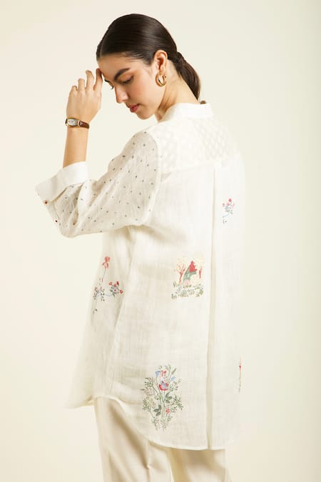 Arcvsh By Pallavi Singh_Ivory Gabardine, Silk, Chanderi Embroidery Collared Hand Pant Set _at_Aza_Fashions