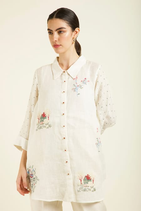 Buy_Arcvsh By Pallavi Singh_Ivory Gabardine, Silk, Chanderi Embroidery Collared Hand Pant Set 