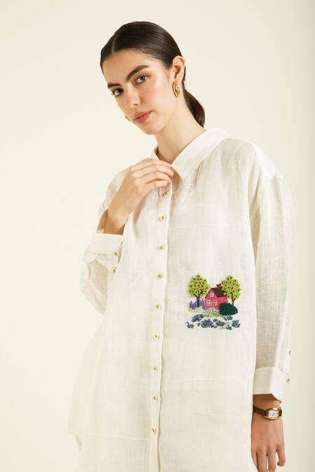 Buy_Arcvsh By Pallavi Singh_Ivory Linen, Silk Embroidery Collared Shirt And Pant Set _Online_at_Aza_Fashions