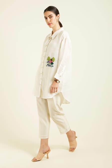 Shop_Arcvsh By Pallavi Singh_Ivory Linen, Silk Embroidery Collared Shirt And Pant Set _Online_at_Aza_Fashions