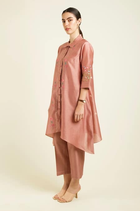 Buy Arcvsh By Pallavi Singh Peach Silk, Chanderi Embroidery Collared Pant Set Online at Aza Fashions Buy_Arcvsh By Pallavi Singh_Peach Silk, Chanderi Embroidery Collared Pant Set _Online_at_Aza_Fashions