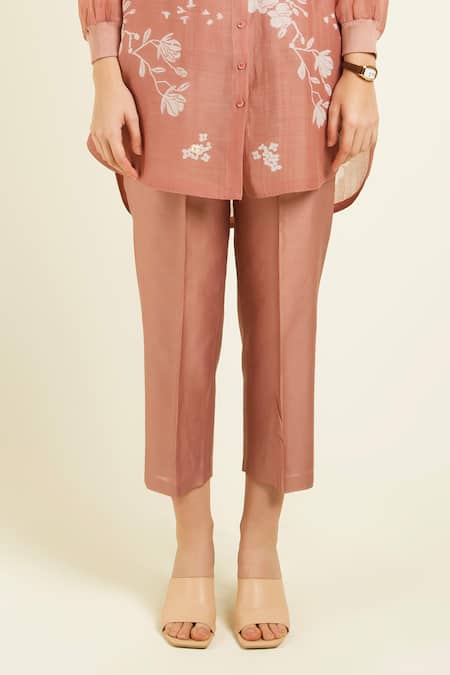 Buy_Arcvsh By Pallavi Singh_Peach Muslin, Chanderi, Silk Embroidery Collared Floral Print Shirt And Pant Set _Online_at_Aza_Fashions