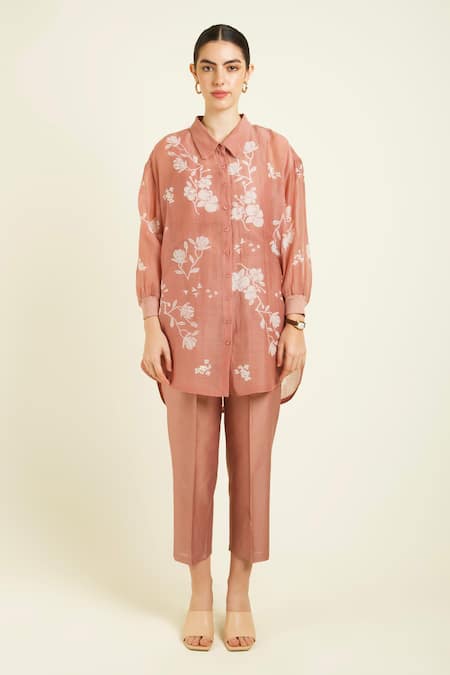 Shop_Arcvsh By Pallavi Singh_Peach Muslin, Chanderi, Silk Embroidery Collared Floral Print Shirt And Pant Set _Online_at_Aza_Fashions