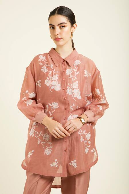Buy_Arcvsh By Pallavi Singh_Peach Muslin, Chanderi, Silk Embroidery Collared Floral Print Shirt And Pant Set 