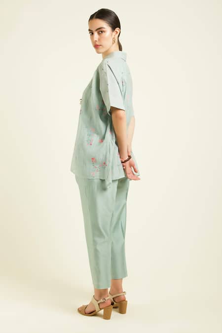 Arcvsh By Pallavi Singh_Green Chanderi, Silk Embroidery Collared Mint Kaftan Shirt And Straight Pants Set _Online_at_Aza_Fashions
