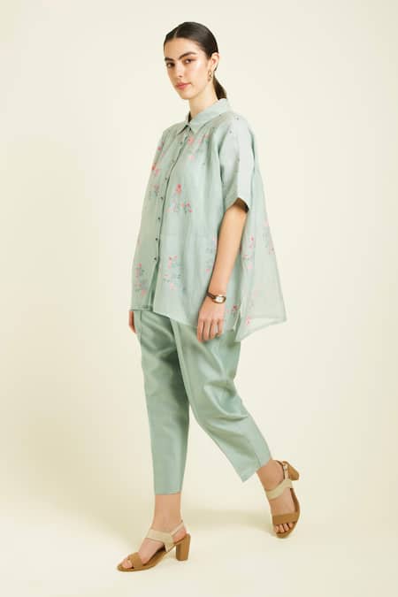 Buy_Arcvsh By Pallavi Singh_Green Chanderi, Silk Embroidery Collared Mint Kaftan Shirt And Straight Pants Set _Online_at_Aza_Fashions