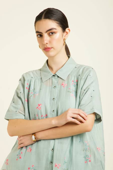 Shop_Arcvsh By Pallavi Singh_Green Chanderi, Silk Embroidery Collared Mint Kaftan Shirt And Straight Pants Set _Online_at_Aza_Fashions