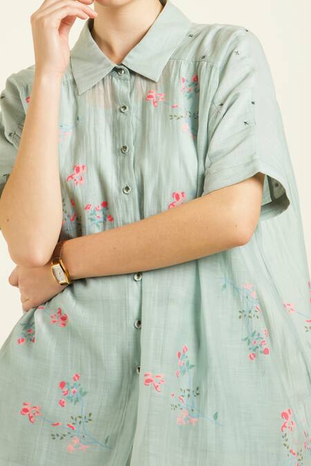 Arcvsh By Pallavi Singh_Green Chanderi, Silk Embroidery Collared Mint Kaftan Shirt And Straight Pants Set _at_Aza_Fashions