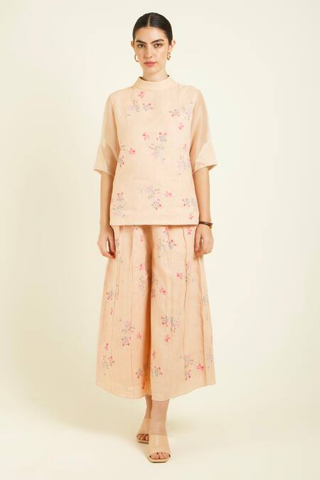 Arcvsh By Pallavi Singh_Rose Gold Linen, Silk, Chanderi Embroidery Round Printed Top And Culotte Pant Set _Online_at_Aza_Fashions