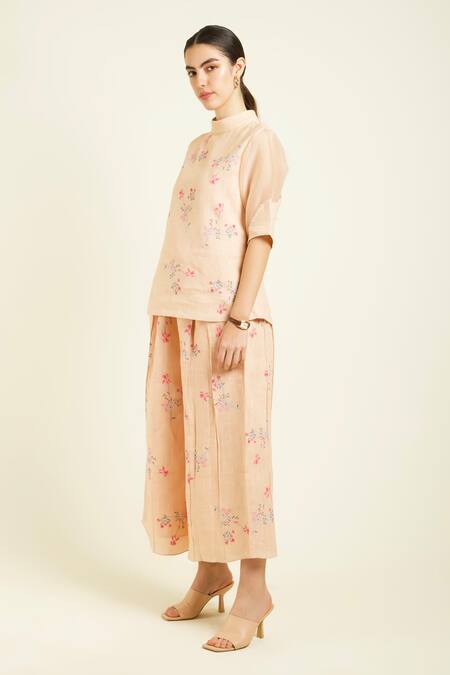 Buy_Arcvsh By Pallavi Singh_Rose Gold Linen, Silk, Chanderi Embroidery Round Printed Top And Culotte Pant Set _Online_at_Aza_Fashions
