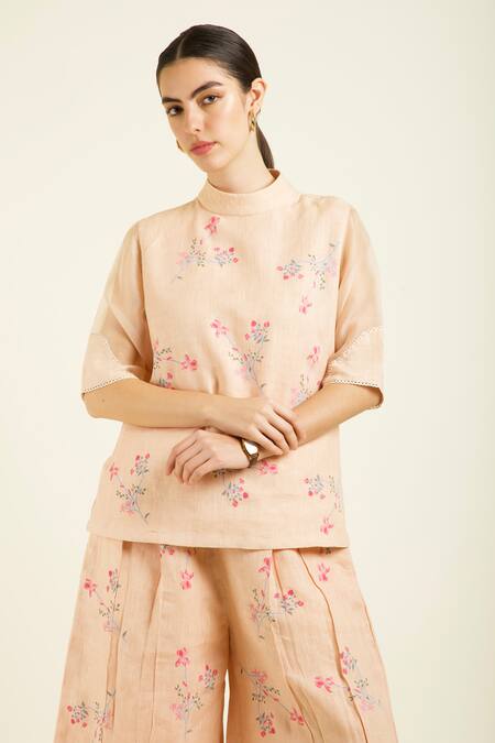 Shop_Arcvsh By Pallavi Singh_Rose Gold Linen, Silk, Chanderi Embroidery Round Printed Top And Culotte Pant Set _Online_at_Aza_Fashions