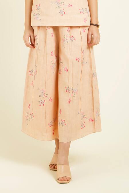 Arcvsh By Pallavi Singh_Rose Gold Linen, Silk, Chanderi Embroidery Round Printed Top And Culotte Pant Set _at_Aza_Fashions