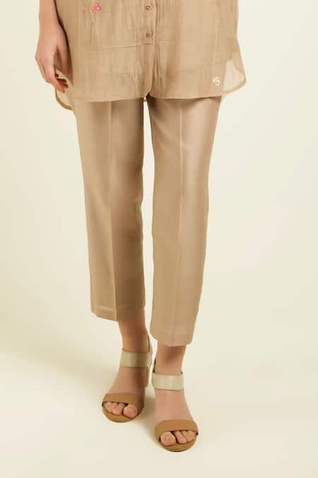 Arcvsh By Pallavi Singh Beige Chanderi, Silk Embroidery Collared Discharge Printed Shirt And Pant Set Online at Aza Fashions Arcvsh By Pallavi Singh_Beige Chanderi, Silk Embroidery Collared Discharge Printed Shirt And Pant Set _Online_at_Aza_Fashions