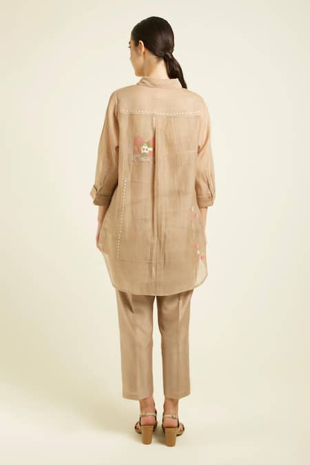 Shop Arcvsh By Pallavi Singh Beige Chanderi, Silk Embroidery Collared Discharge Printed Shirt And Pant Set at Aza Fashions Shop_Arcvsh By Pallavi Singh_Beige Chanderi, Silk Embroidery Collared Discharge Printed Shirt And Pant Set _at_Aza_Fashions