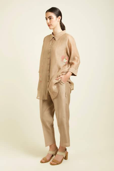 Buy Arcvsh By Pallavi Singh Beige Chanderi, Silk Embroidery Collared Discharge Printed Shirt And Pant Set Online at Aza Fashions Buy_Arcvsh By Pallavi Singh_Beige Chanderi, Silk Embroidery Collared Discharge Printed Shirt And Pant Set _Online_at_Aza_Fashions
