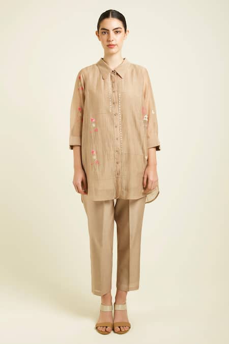 Shop Arcvsh By Pallavi Singh Beige Chanderi, Silk Embroidery Collared Discharge Printed Shirt And Pant Set Online at Aza Fashions Shop_Arcvsh By Pallavi Singh_Beige Chanderi, Silk Embroidery Collared Discharge Printed Shirt And Pant Set _Online_at_Aza_Fashions