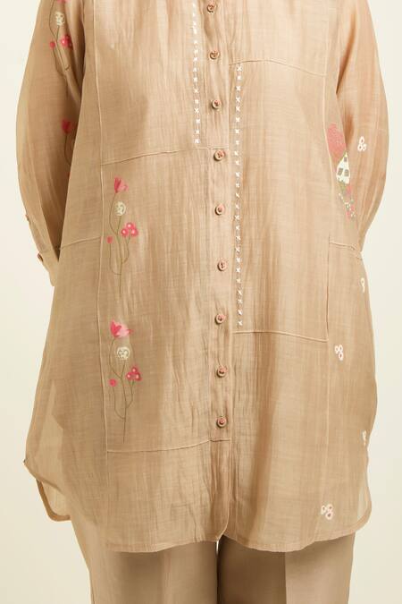 Buy Arcvsh By Pallavi Singh Beige Chanderi, Silk Embroidery Collared Discharge Printed Shirt And Pant Set Buy_Arcvsh By Pallavi Singh_Beige Chanderi, Silk Embroidery Collared Discharge Printed Shirt And Pant Set
