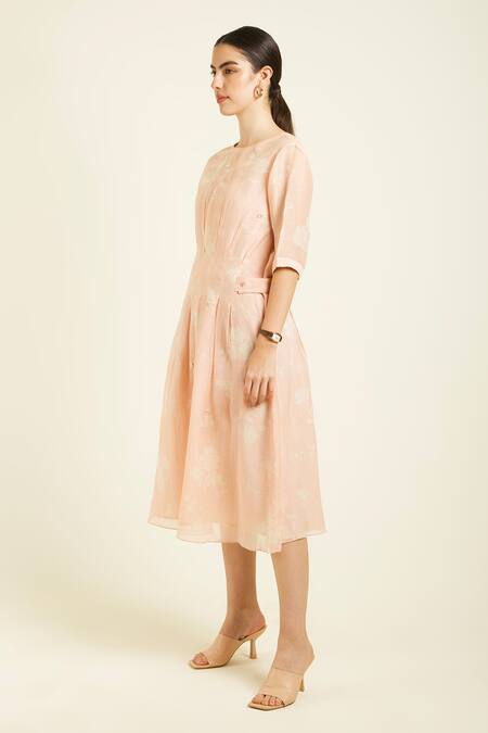 Arcvsh By Pallavi Singh Rose Gold Chanderi Embroidery Round Neck Pleated Midi Dress With Online at Aza Fashions Arcvsh By Pallavi Singh_Rose Gold Chanderi Embroidery Round Neck Pleated Midi Dress With _Online_at_Aza_Fashions