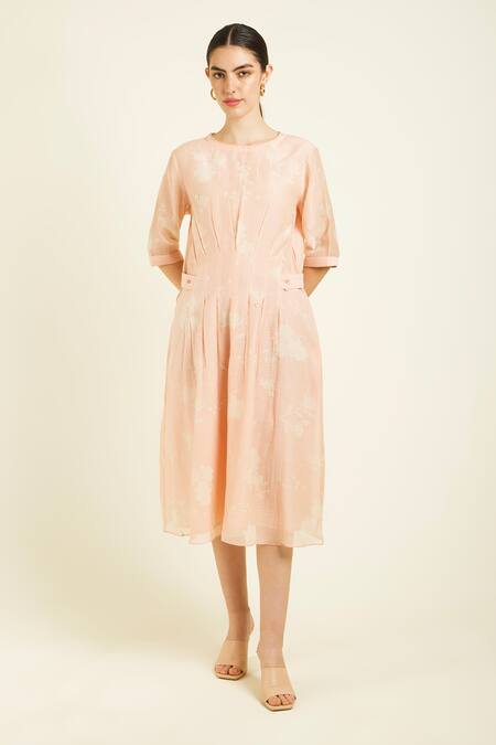 Buy Arcvsh By Pallavi Singh Rose Gold Chanderi Embroidery Round Neck Pleated Midi Dress With Online at Aza Fashions Buy_Arcvsh By Pallavi Singh_Rose Gold Chanderi Embroidery Round Neck Pleated Midi Dress With _Online_at_Aza_Fashions