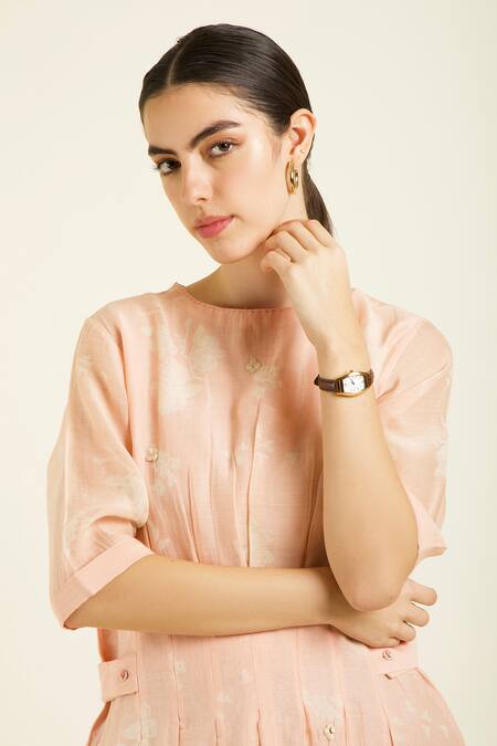 Shop Arcvsh By Pallavi Singh Rose Gold Chanderi Embroidery Round Neck Pleated Midi Dress With Online at Aza Fashions Shop_Arcvsh By Pallavi Singh_Rose Gold Chanderi Embroidery Round Neck Pleated Midi Dress With _Online_at_Aza_Fashions