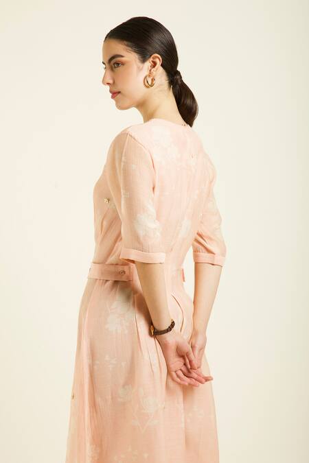 Buy Arcvsh By Pallavi Singh Rose Gold Chanderi Embroidery Round Neck Pleated Midi Dress With Buy_Arcvsh By Pallavi Singh_Rose Gold Chanderi Embroidery Round Neck Pleated Midi Dress With