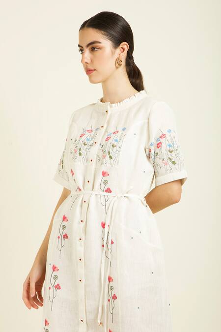 Arcvsh By Pallavi Singh_Ivory Linen Embroidery Round Neck Midi Dress _Online_at_Aza_Fashions