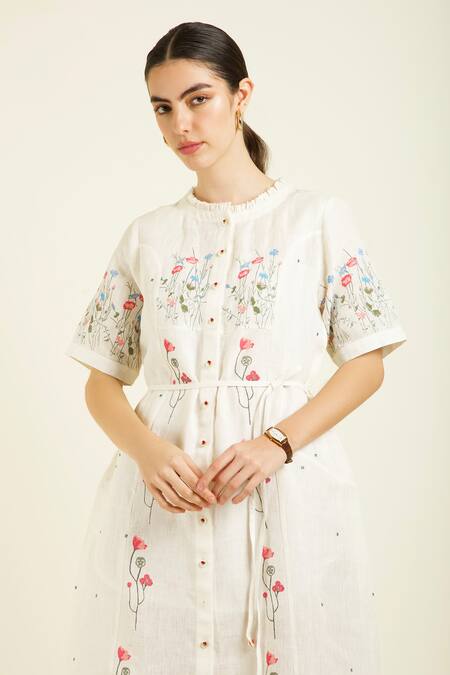 Buy_Arcvsh By Pallavi Singh_Ivory Linen Embroidery Round Neck Midi Dress _Online_at_Aza_Fashions