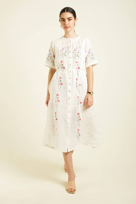 Shop_Arcvsh By Pallavi Singh_Ivory Linen Embroidery Round Neck Midi Dress _Online_at_Aza_Fashions