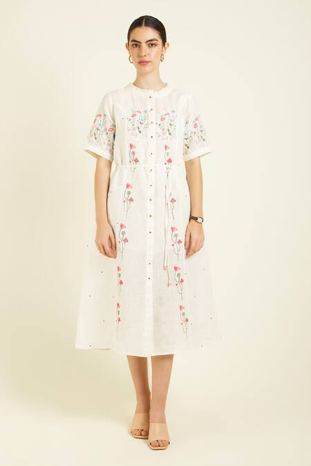 Arcvsh By Pallavi Singh_Ivory Linen Embroidery Round Neck Midi Dress _at_Aza_Fashions
