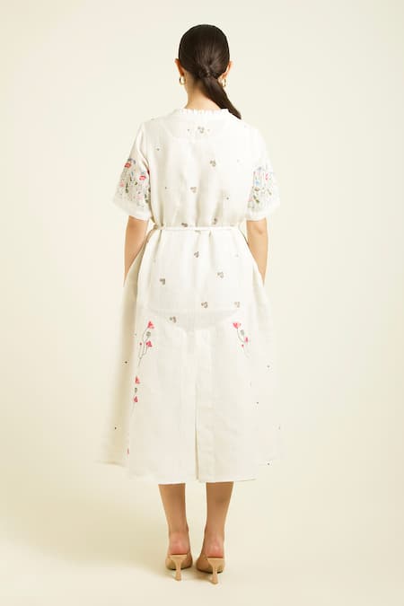 Shop_Arcvsh By Pallavi Singh_Ivory Linen Embroidery Round Neck Midi Dress _at_Aza_Fashions
