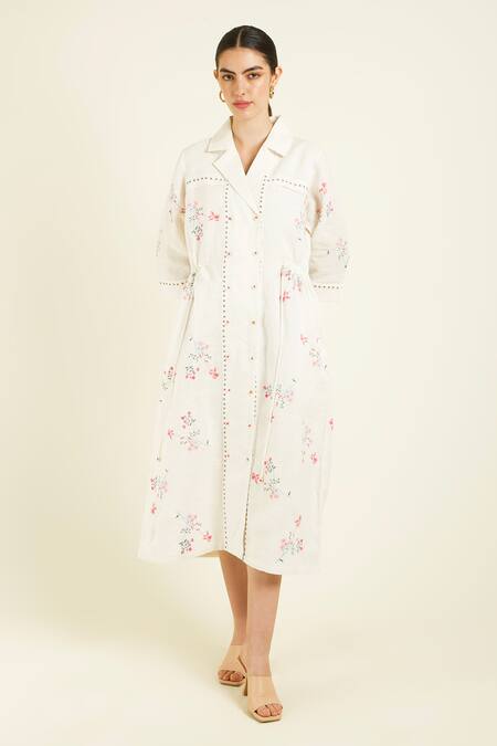 Arcvsh By Pallavi Singh_Ivory Linen Embroidery Collared Side Gathered Shirt Dress _Online_at_Aza_Fashions