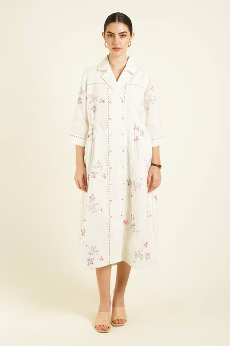 Buy_Arcvsh By Pallavi Singh_Ivory Linen Embroidery Collared Side Gathered Shirt Dress _Online_at_Aza_Fashions