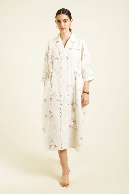 Shop_Arcvsh By Pallavi Singh_Ivory Linen Embroidery Collared Side Gathered Shirt Dress _Online_at_Aza_Fashions