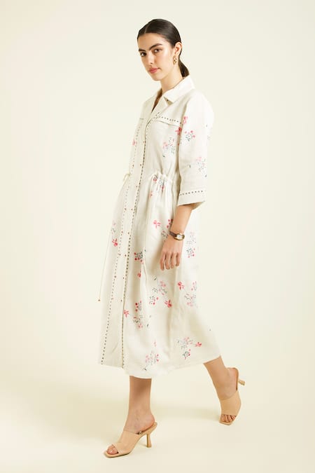 Arcvsh By Pallavi Singh_Ivory Linen Embroidery Collared Side Gathered Shirt Dress _at_Aza_Fashions