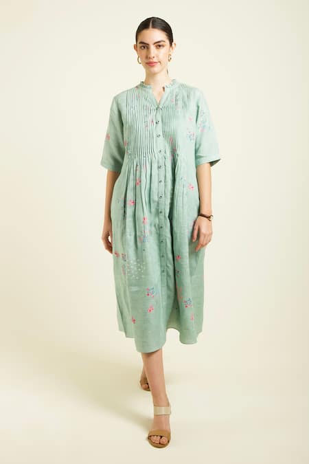 Arcvsh By Pallavi Singh_Green Linen Embroidery Collared Mint Front Printed Midi Dress _Online_at_Aza_Fashions