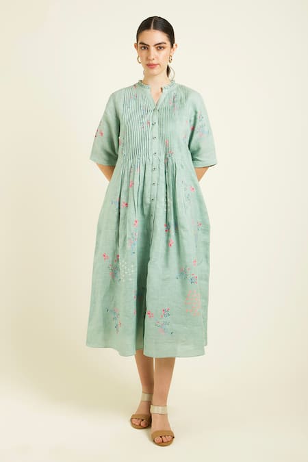 Buy_Arcvsh By Pallavi Singh_Green Linen Embroidery Collared Mint Front Printed Midi Dress _Online_at_Aza_Fashions