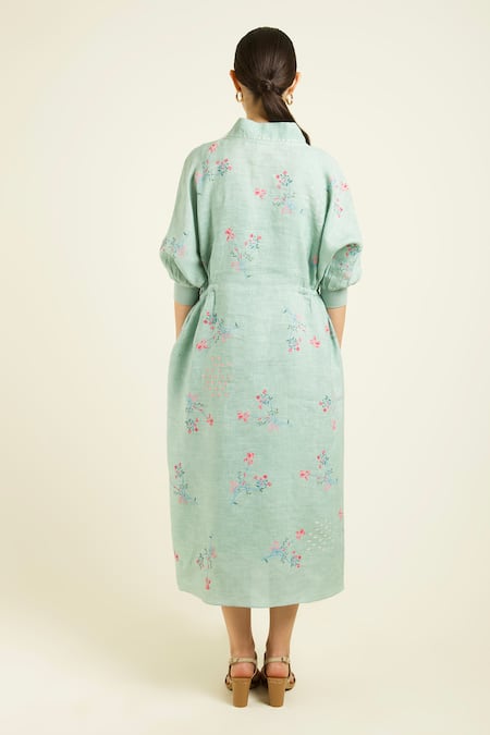 Shop_Arcvsh By Pallavi Singh_Green Linen Embroidery Collared Mint Front Printed Midi Dress _Online_at_Aza_Fashions