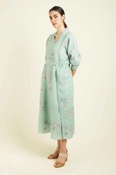 Arcvsh By Pallavi Singh_Green Linen Embroidery Collared Mint Front Printed Midi Dress _at_Aza_Fashions