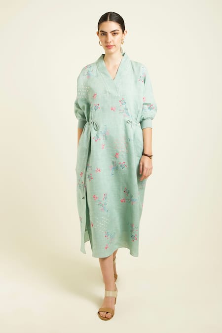 Buy_Arcvsh By Pallavi Singh_Green Linen Embroidery Collared Mint Front Printed Midi Dress 