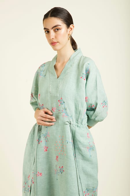 Shop_Arcvsh By Pallavi Singh_Green Linen Embroidery Collared Mint Front Printed Midi Dress 