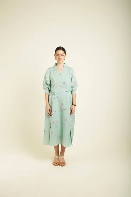 Arcvsh By Pallavi Singh Green Linen Embroidery V-neck Mint Printed Midi Dress Online at Aza Fashions Arcvsh By Pallavi Singh_Green Linen Embroidery V-neck Mint Printed Midi Dress _Online_at_Aza_Fashions