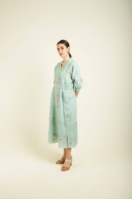 Buy Arcvsh By Pallavi Singh Green Linen Embroidery V-neck Mint Printed Midi Dress Online at Aza Fashions Buy_Arcvsh By Pallavi Singh_Green Linen Embroidery V-neck Mint Printed Midi Dress _Online_at_Aza_Fashions