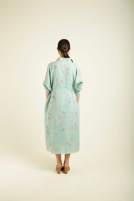 Shop Arcvsh By Pallavi Singh Green Linen Embroidery V-neck Mint Printed Midi Dress at Aza Fashions Shop_Arcvsh By Pallavi Singh_Green Linen Embroidery V-neck Mint Printed Midi Dress _at_Aza_Fashions