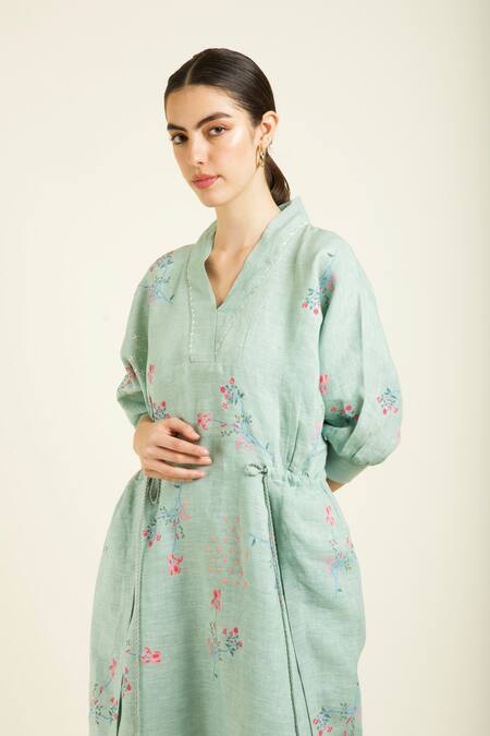 Shop Arcvsh By Pallavi Singh Green Linen Embroidery V-neck Mint Printed Midi Dress Online at Aza Fashions Shop_Arcvsh By Pallavi Singh_Green Linen Embroidery V-neck Mint Printed Midi Dress _Online_at_Aza_Fashions