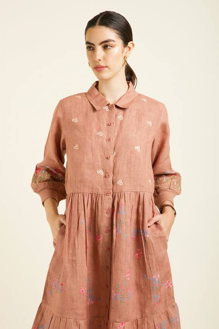 Arcvsh By Pallavi Singh Peach Linen Embroidery Collared Almond Printed Midi Dress Online at Aza Fashions Arcvsh By Pallavi Singh_Peach Linen Embroidery Collared Almond Printed Midi Dress _Online_at_Aza_Fashions