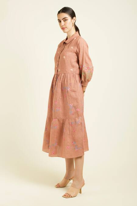 Buy Arcvsh By Pallavi Singh Peach Linen Embroidery Collared Almond Printed Midi Dress Online at Aza Fashions Buy_Arcvsh By Pallavi Singh_Peach Linen Embroidery Collared Almond Printed Midi Dress _Online_at_Aza_Fashions