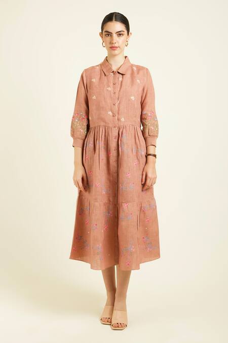 Shop Arcvsh By Pallavi Singh Peach Linen Embroidery Collared Almond Printed Midi Dress Online at Aza Fashions Shop_Arcvsh By Pallavi Singh_Peach Linen Embroidery Collared Almond Printed Midi Dress _Online_at_Aza_Fashions