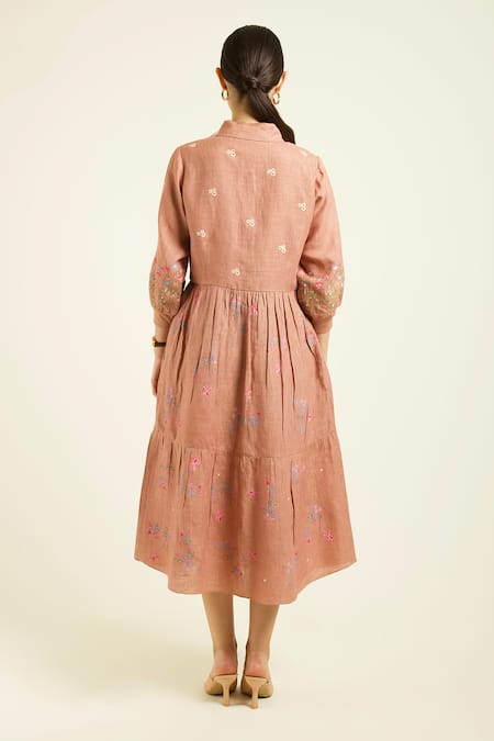 Shop Arcvsh By Pallavi Singh Peach Linen Embroidery Collared Almond Printed Midi Dress at Aza Fashions Shop_Arcvsh By Pallavi Singh_Peach Linen Embroidery Collared Almond Printed Midi Dress _at_Aza_Fashions