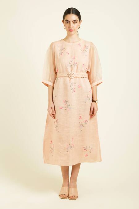 Arcvsh By Pallavi Singh Rose Gold Linen, Organza Embroidery Round Neck Printed A-line Dress Online at Aza Fashions Arcvsh By Pallavi Singh_Rose Gold Linen, Organza Embroidery Round Neck Printed A-line Dress _Online_at_Aza_Fashions