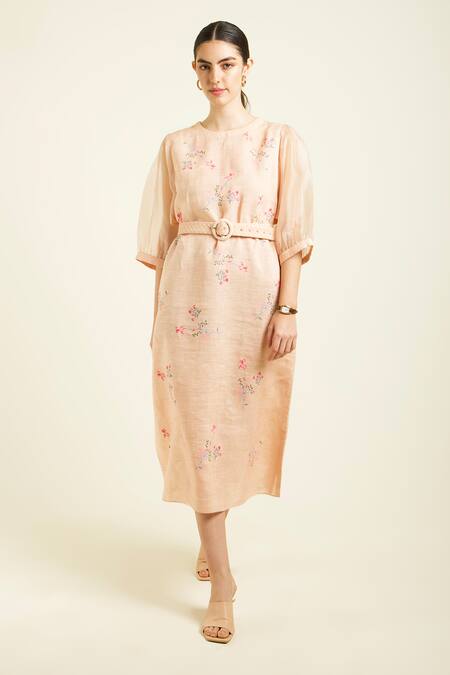 Buy Arcvsh By Pallavi Singh Rose Gold Linen, Organza Embroidery Round Neck Printed A-line Dress Online at Aza Fashions Buy_Arcvsh By Pallavi Singh_Rose Gold Linen, Organza Embroidery Round Neck Printed A-line Dress _Online_at_Aza_Fashions